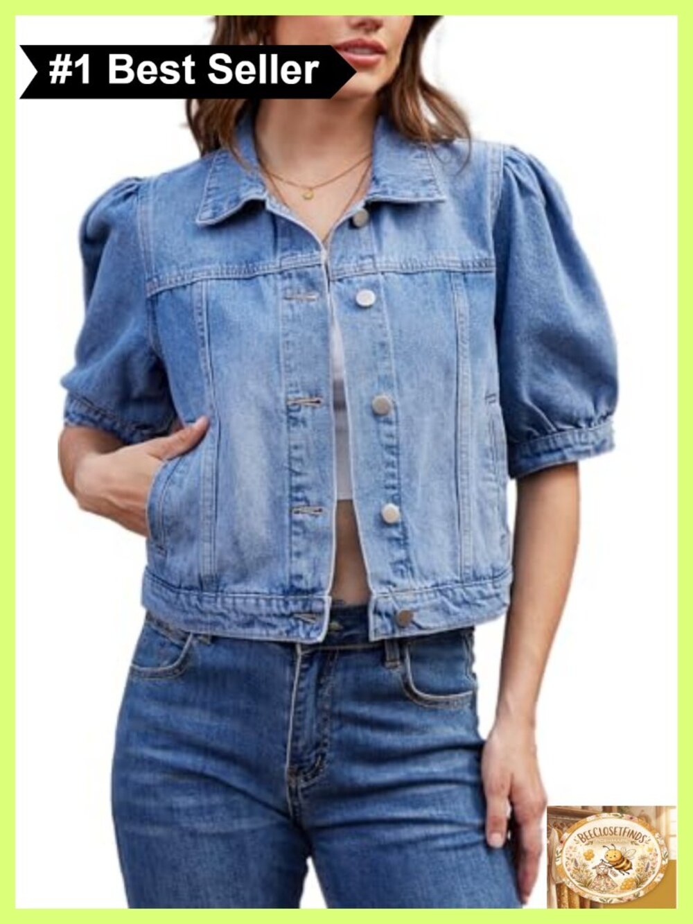 Cropped Puff Sleeve Denim Jacket 100% Cotton Short Sleeve Jean Jacket Pockets